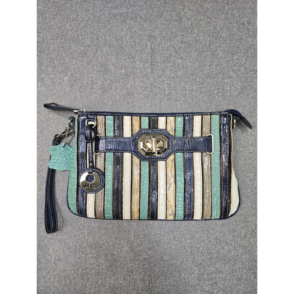 M.C. Marc Chantal Striped Croc Embossed Wristlet Clutch Bag Blue Teal Turnlock
